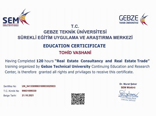Tohid Vashani - Education Certificate